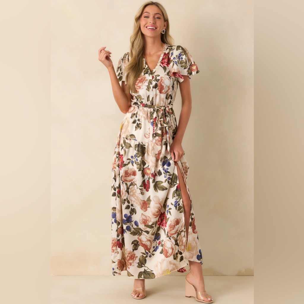 Nwt! Staying True Ivory Multi Floral Print Satin Maxi Dress
